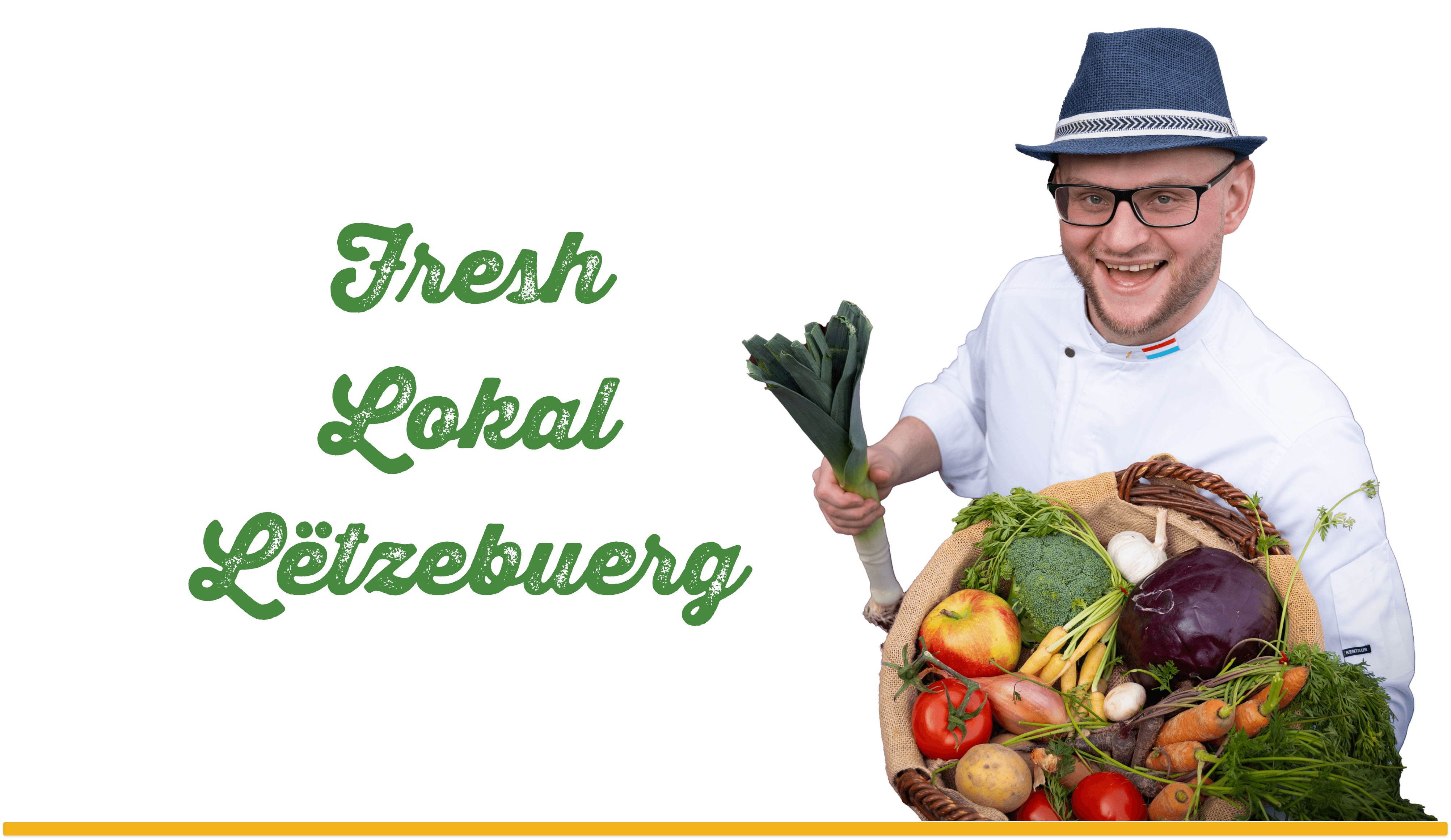 fresh lokal Lëtzebuerg Ben holding a fruits and Vegetables basket